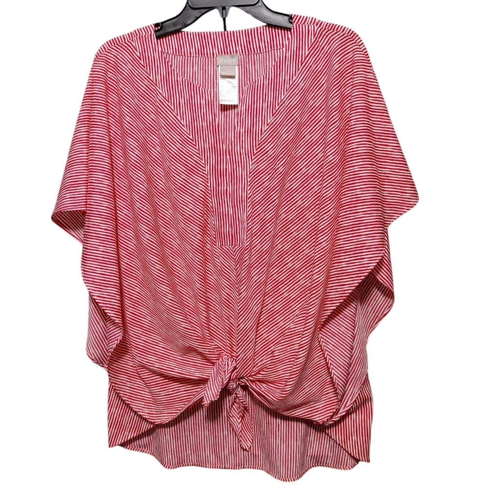 Chico's Red Striped Tie Front Short Sleeve Oversized Top Size 2 - Large (Bin 2)
